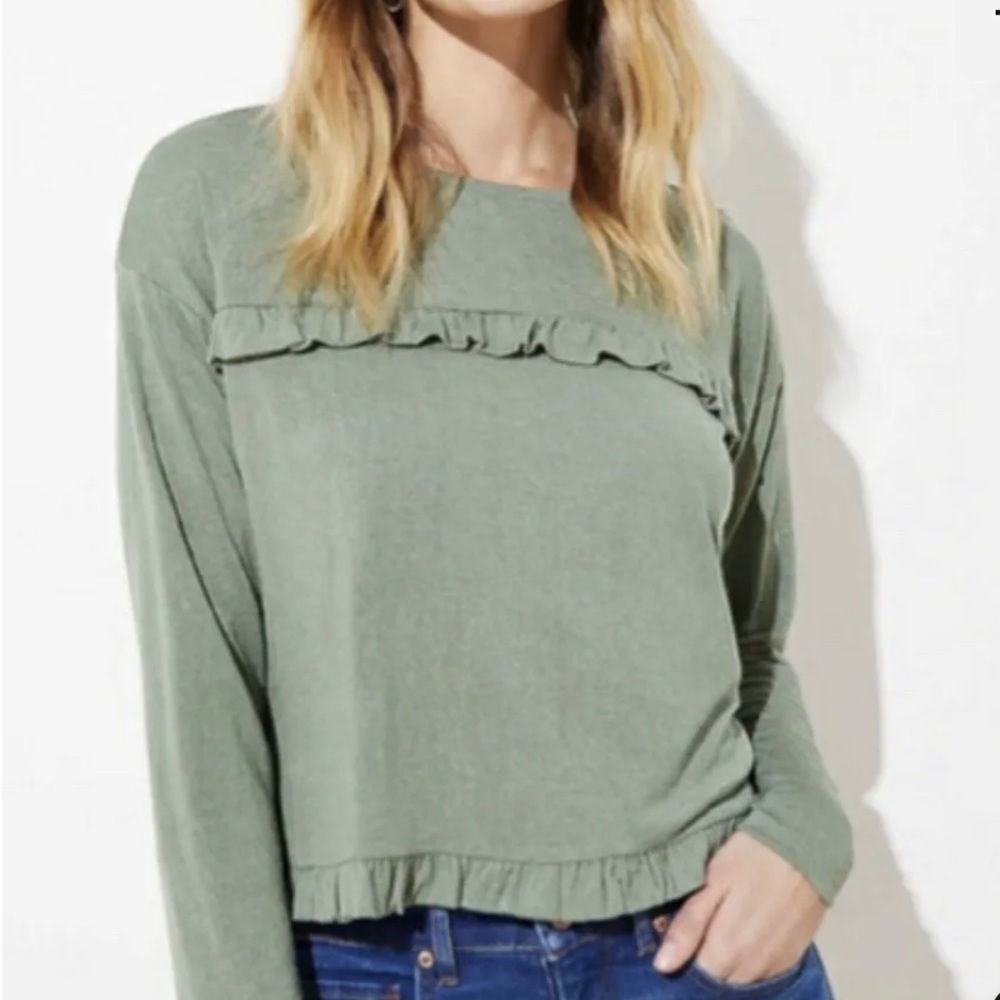 LOFT Cropped Ruffle Long Sleeve Shirt, XS, Sunkissed Leaf Sage Green Modal Top